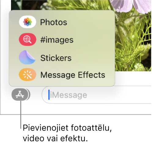 Izvēlne Apps ar attēlu rādīšanas, uzlīmju, GIF attēlu un ziņojumu efektu opcijām.