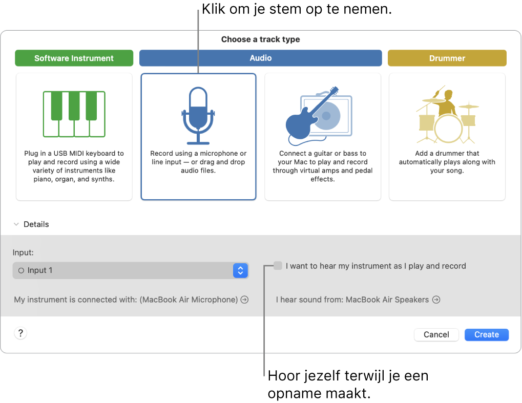 Het paneel met instrumenten van GarageBand waarin je ziet waar je moet klikken om een stem op te nemen en hoe je jezelf kunt horen wanneer je een opname maakt.