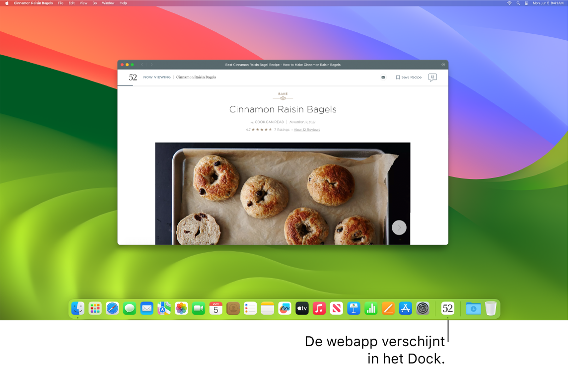 Een geopende webapp met het symbool ervan in het Dock.