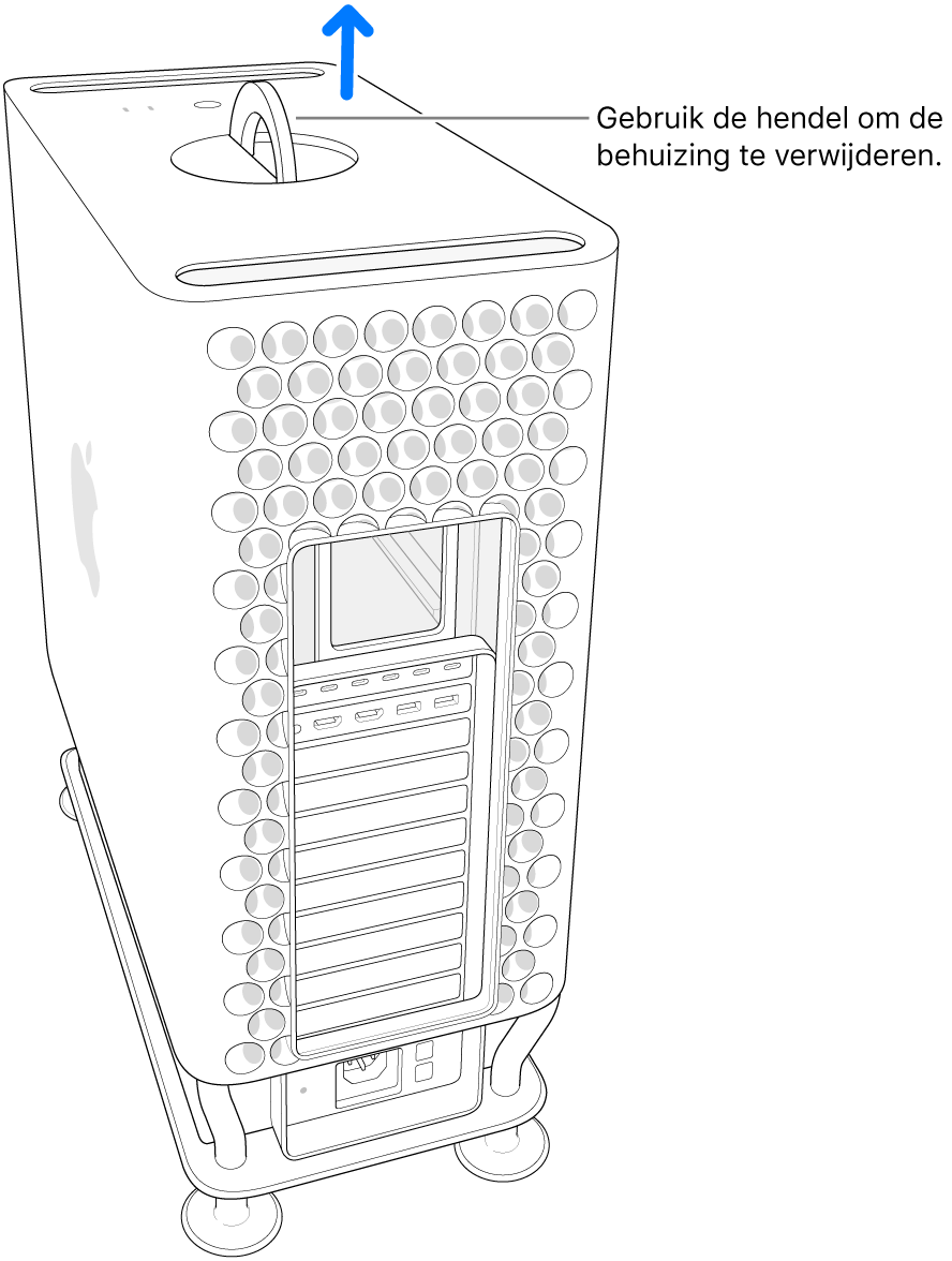 De behuizing wordt omhoog en van de computer afgetrokken.