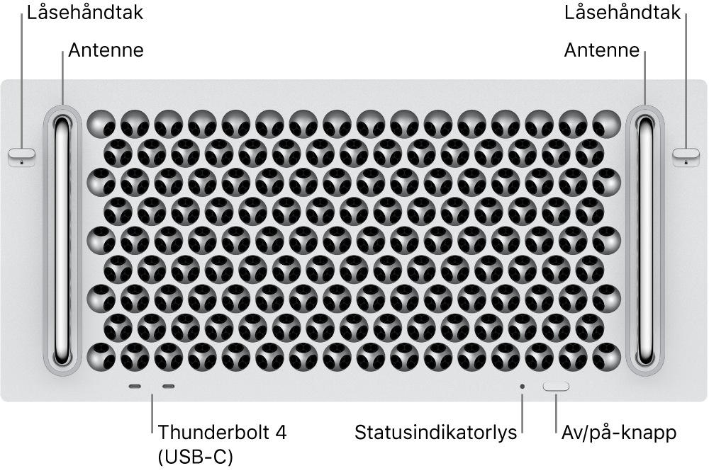 Forsiden av Mac Pro viser to spaker, to antenner, av/på-knapp, statuslys og to Thunderbolt 4-porter (USB-C).