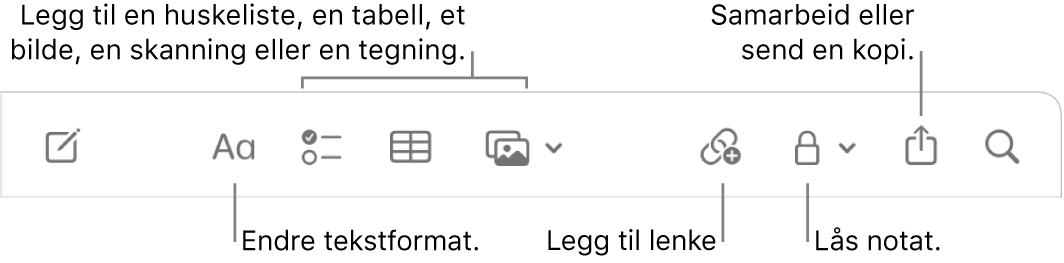 Notater-verktøylinjen med bildeforklaringer for verktøyene for tekstformat, sjekkliste, tabell, lenke, bilder/medier, lås, deling og send en kopi.