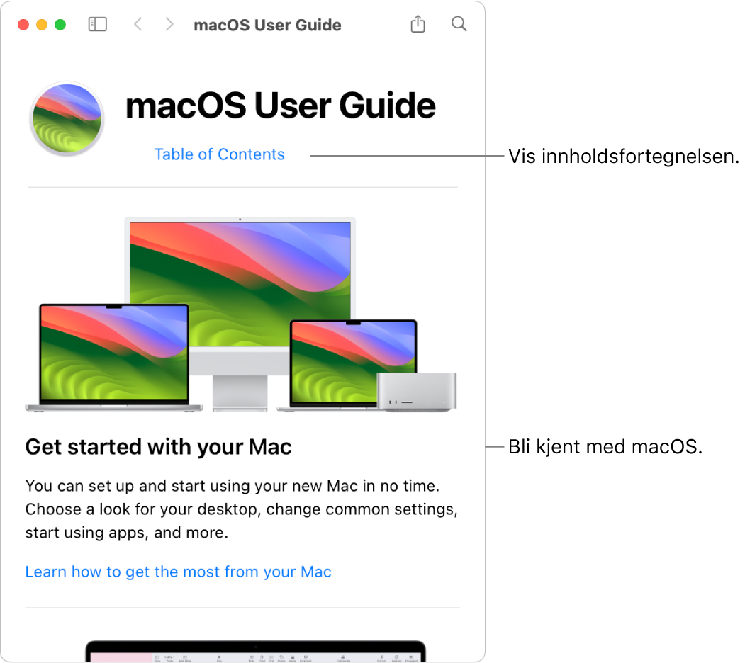 Velkomstsiden i Brukerveiledning for macOS som viser Innholdsfortegnelse-lenken.