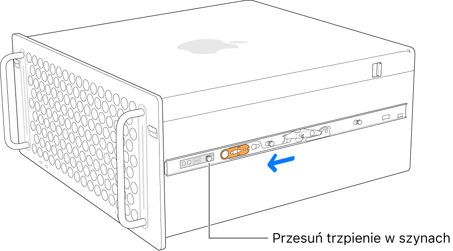 Mac Pro oraz szyna przesuwana do przodu blokowana we właściwej pozycji.