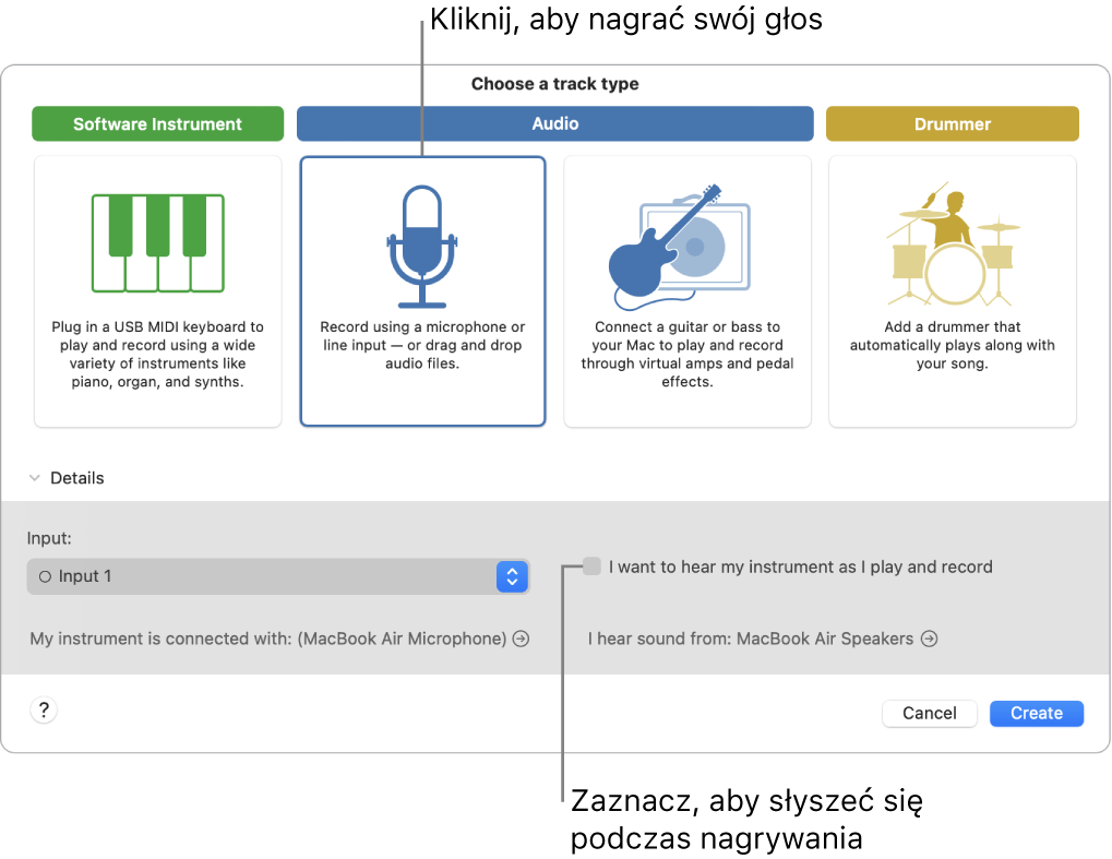 Panel instrumentów w aplikacji GarageBand z opisami opcji narywania głosu oraz opcji pozwalającej słyszeć siebie podczas nagrywania.