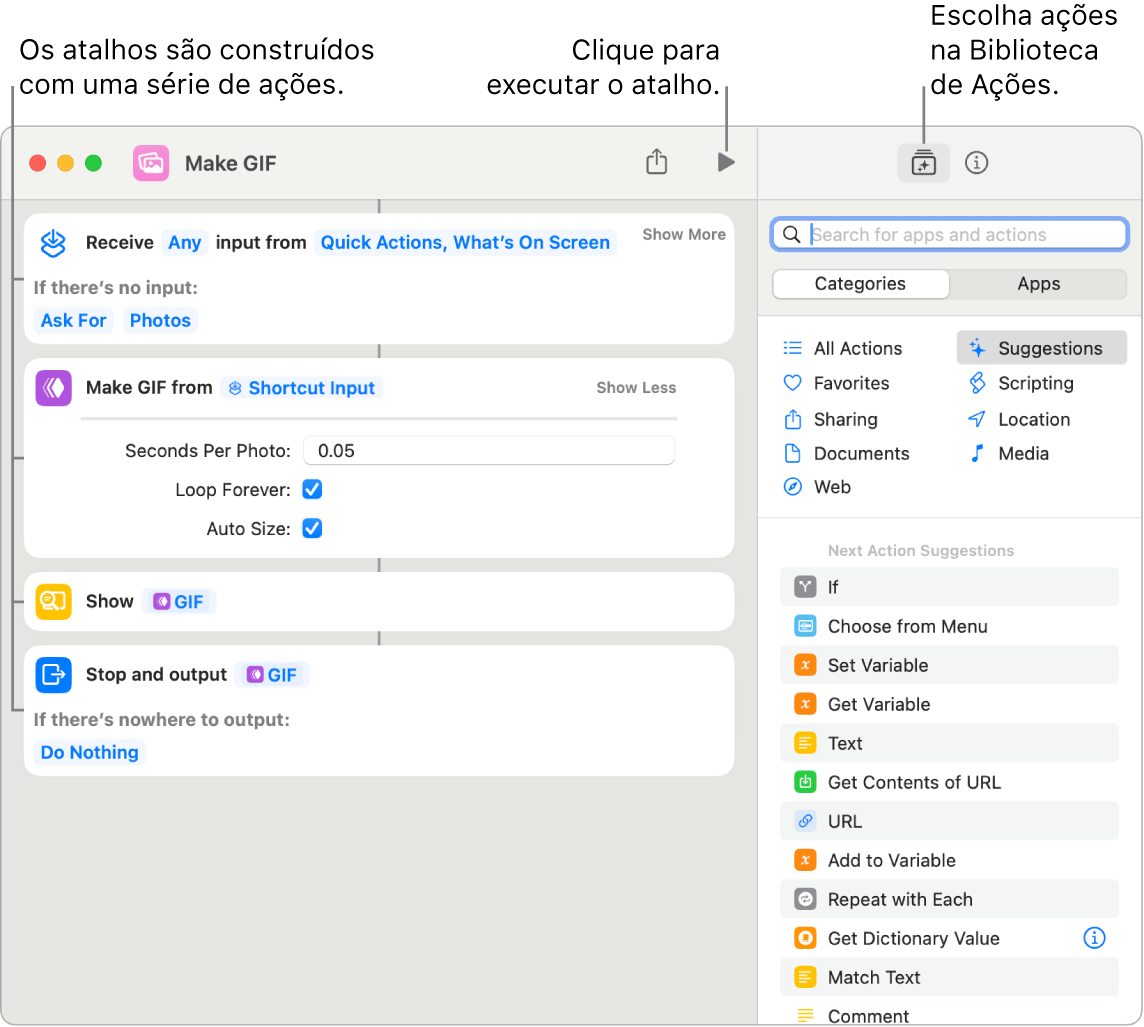 O editor do atalho Criar GIF à esquerda e a biblioteca de ações à direita.