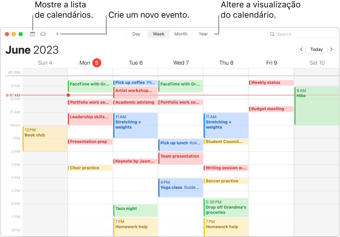 Uma janela do Calendário mostrando a lista de calendários, como criar um evento e como escolher a visualização por Dia, Semana, Mês ou Ano.