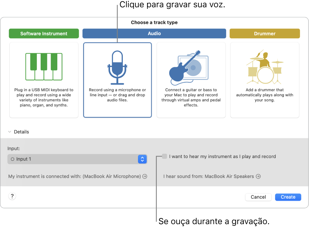 Painel de instrumentos do GarageBand mostrando onde clicar para gravar voz e como se ouvir ao gravar.