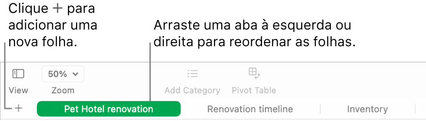 Janela do Numbers mostrando como adicionar uma nova folha e como reordenar as folhas.