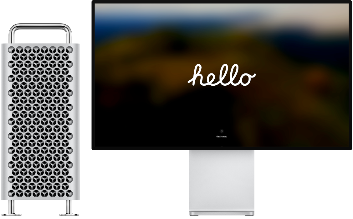 Um Mac Pro e um Pro Display XDR lado a lado, com a palavra “hello” na tela.