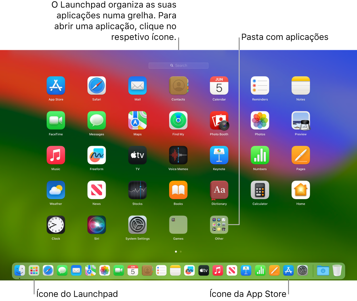 Um ecrã do Mac com o Launchpad aberto, a mostrar uma pasta de aplicações no Launchpad e os ícones do Launchpad e da App Store na Dock.