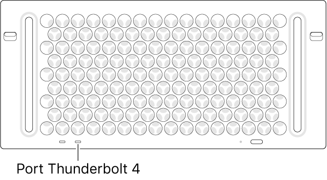 Vrchná strana Macu Pro so znázornením správneho Thunderbolt 4 portu, ktorý sa má použiť.