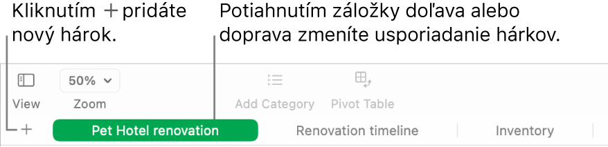 Okno aplikácie Numbers znázorňujúce pridanie nového hárka a zmenu usporiadania hárkov.