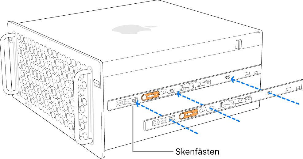 Mac Pro med en inre skena som fästs på dess sida.