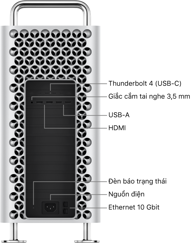 Một hình ảnh mặt bên của Mac Pro đang hiển thị sáu cổng Thunderbolt 4 (USB-C), giắc cắm tai nghe 3,5 mm, hai cổng USB-A, hai cổng HDMI, một đèn báo trạng thái, một cổng nguồn và hai cổng Ethernet 10 Gbit.