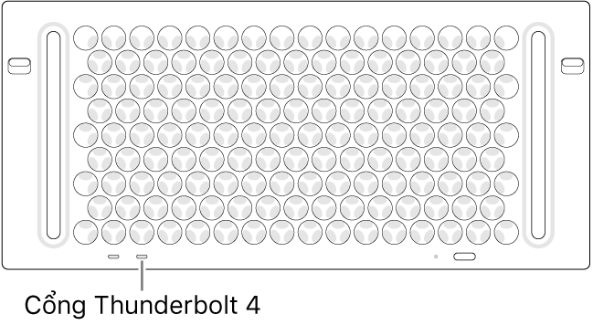 Mặt trên của Mac Pro, đang chỉ ra cổng Thunderbolt 4 đúng cần sử dụng.