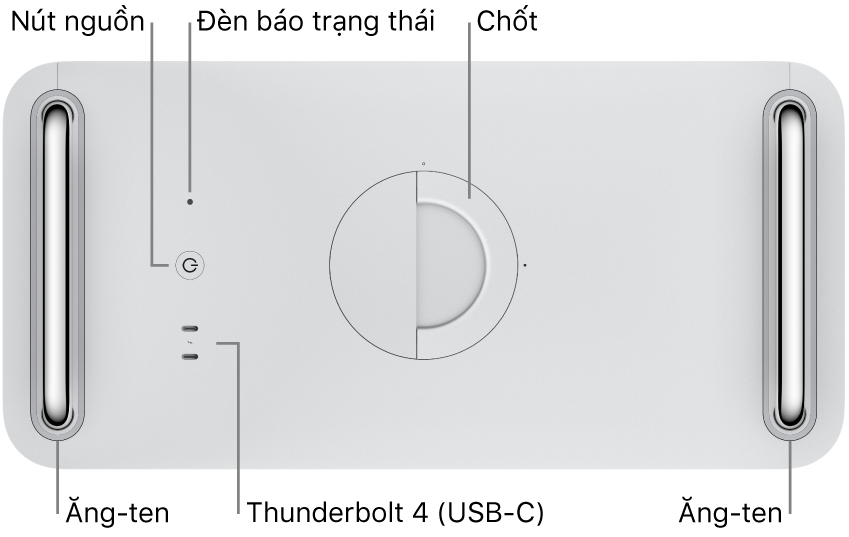 Mặt trên của Mac Pro đang hiển thị nút Nguồn, đèn báo trạng thái, chốt, hai cổng Thunderbolt 4 (USB-C) và hai ăng-ten, một ở bên trái và một ở bên phải.