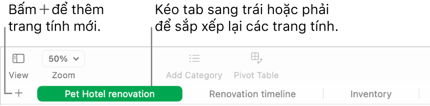 Cửa sổ Numbers đang minh họa cách thêm một trang tính mới và cách sắp xếp lại các trang tính.