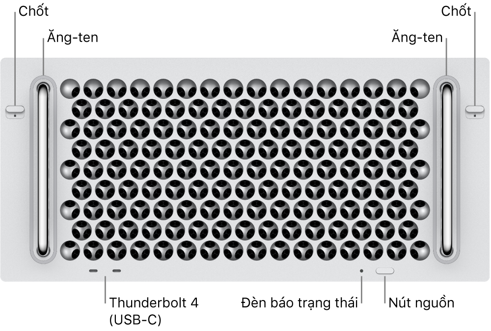 Mặt trước của Mac Pro đang hiển thị hai chốt, hai ăng-ten, nút nguồn, đèn báo trạng thái và hai cổng Thunderbolt 4 (USB-C).