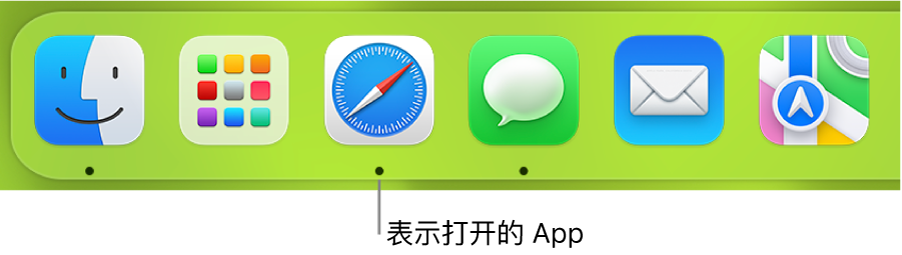 程序坞的一部分，显示打开的 App 下面的黑色圆点。