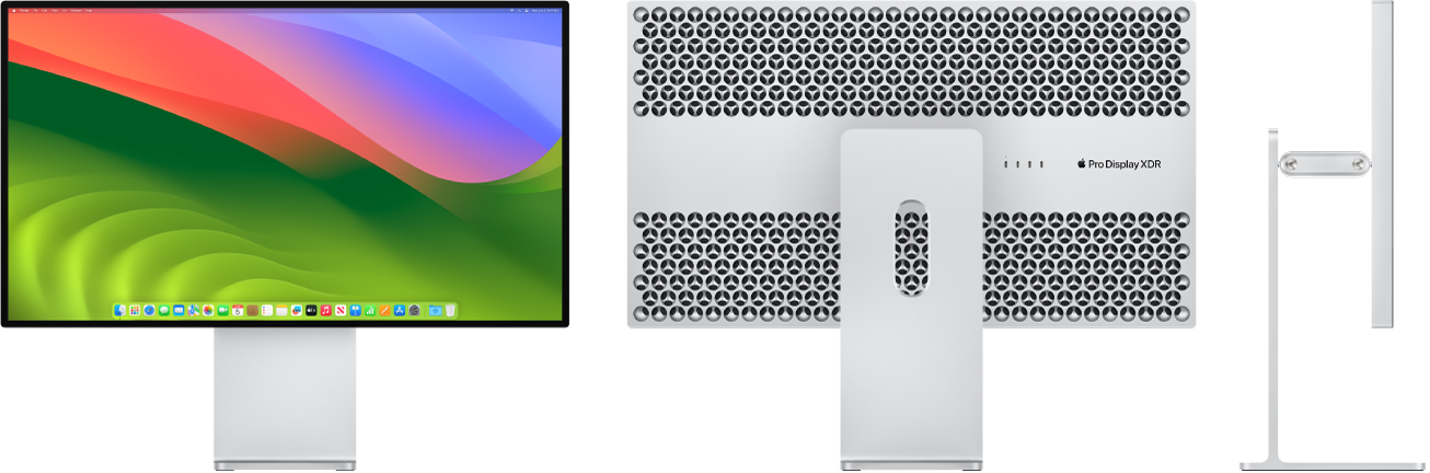 Front view, back view, and side view of Pro Display XDR on a Pro Stand.