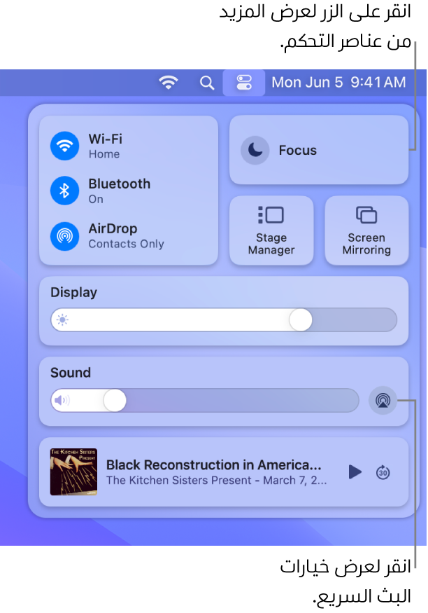 عرض مُكبَّر لمركز التحكم على Mac.