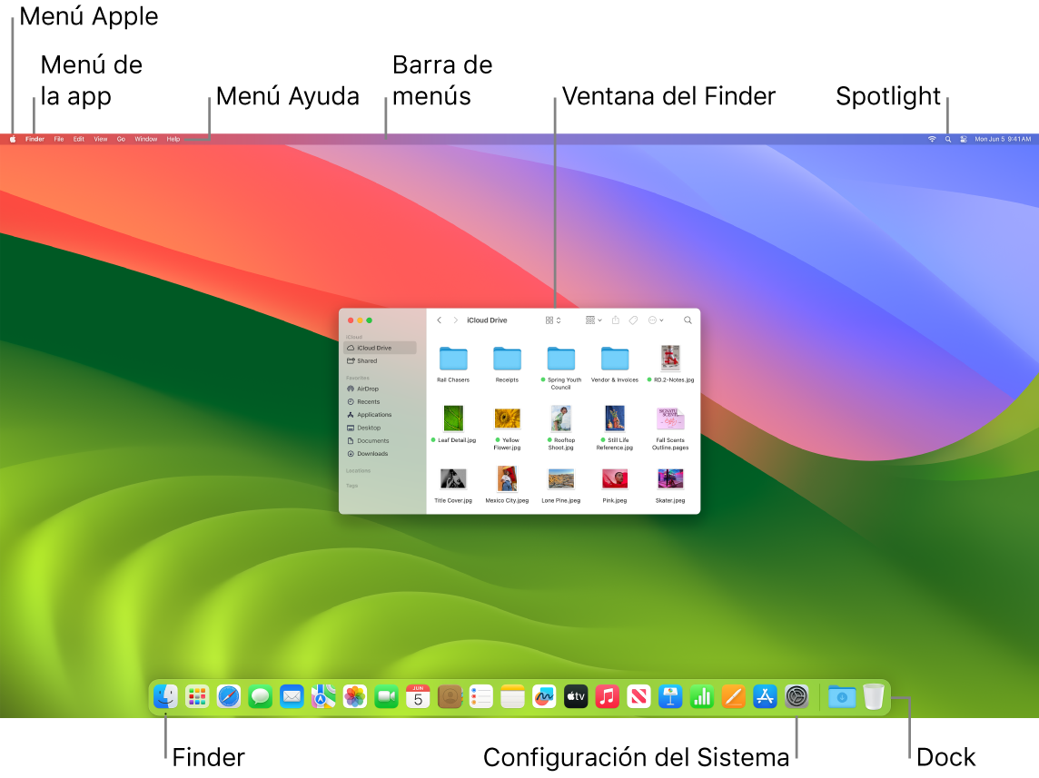 La pantalla de una Mac mostrando el menú Apple, el menú App, el menú Ayuda, la barra de menús, una ventana del Finder, el ícono de Spotlight, el ícono del Finder, el ícono de Configuración del Sistema y el Dock.