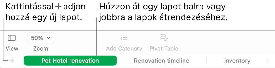 A Numbers ablaka, amelyben a lapok hozzáadásának és átrendezésének módja látható.