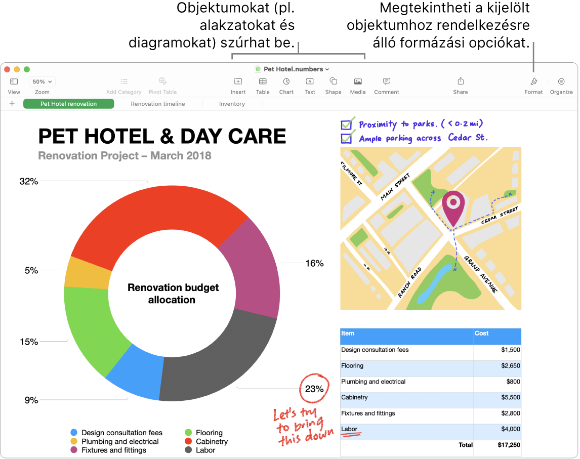 Egy Numbers-ablak, felül a szerkesztőeszközöket tartalmazó eszközsorral, a jobb felső sarok közelében az Együttműködés gombbal, a jobb oldalon pedig a Formátum és Rendezés gombokkal.