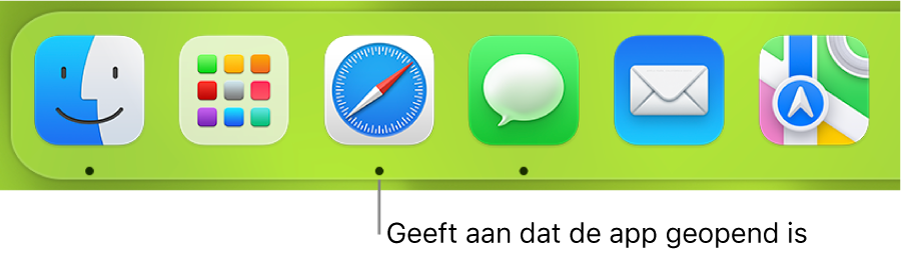 Een deel van het Dock met zwarte stippen onder geopende apps.