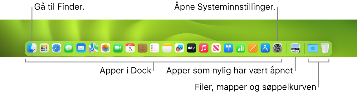 Dock, som viser Finder, Systeminnstillinger og linjen i Dock som skiller apper fra filer og mapper.