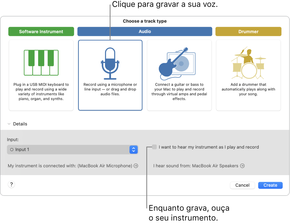 O painel de instrumento do GarageBand a mostrar onde clicar para gravar uma voz e como ouvir a sua própria gravação.