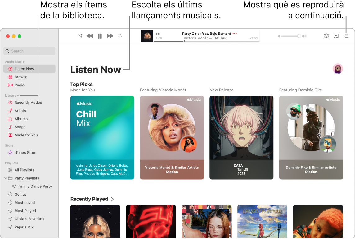 Una finestra de l’app Música mostrant com veure la biblioteca, escoltar l’Apple Music i veure què es reproduirà a continuació.