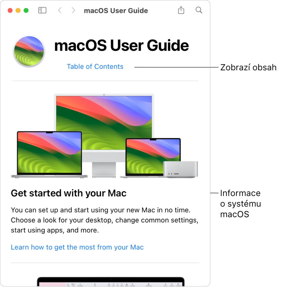 Úvodní stránka Uživatelské příručky pro macOS s odkazem na obsah