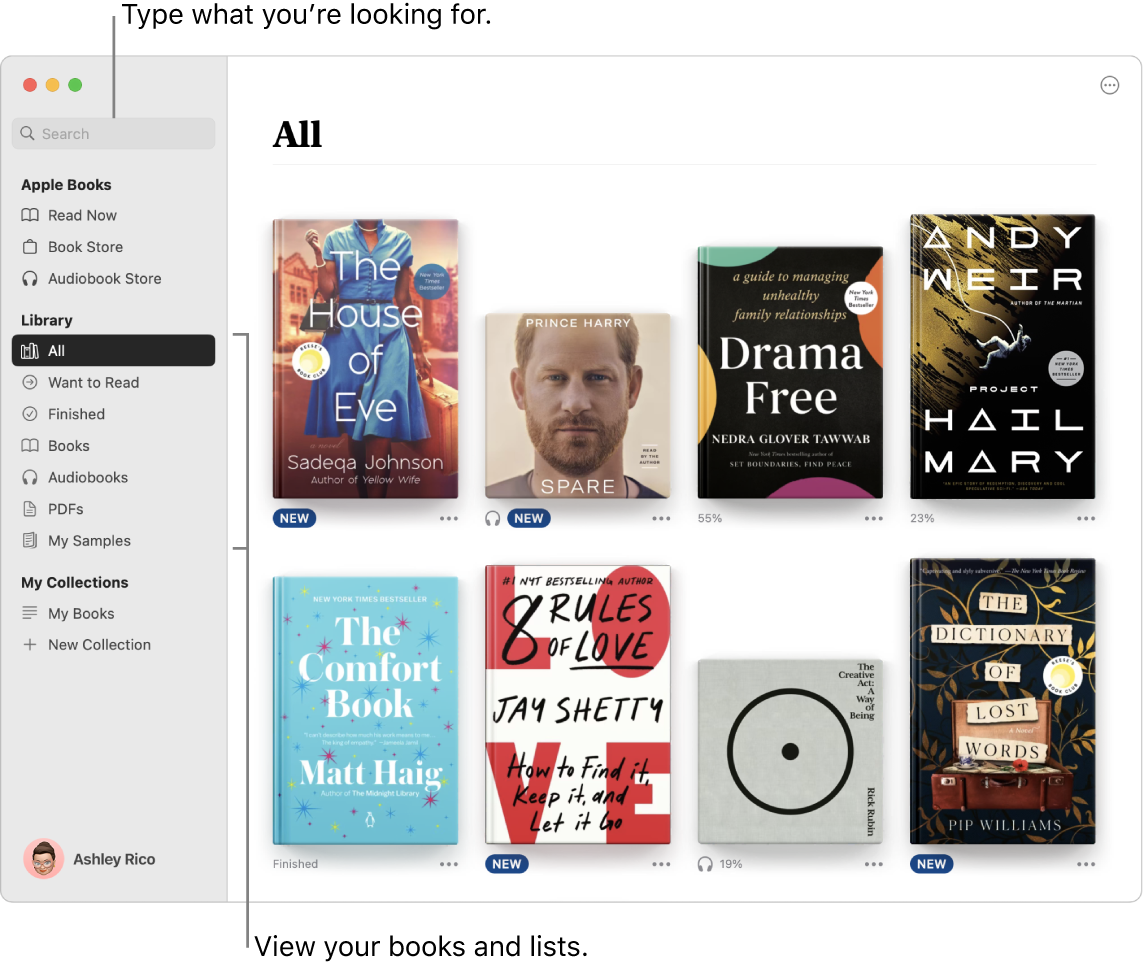 A Books app window showing how to view books, browse curated content, and search.