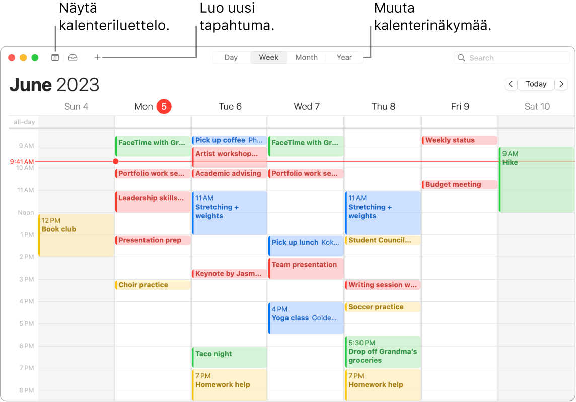 Kalenteri-ikkuna, jossa näkyy kalenteriluettelo ja jossa näytetään, kuinka tapahtuma lisätään ja kuinka valitaan näkymäksi päivä, viikko, kuukausi tai vuosi.