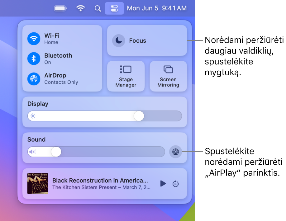Priartintas „Mac“ funkcijos „Control Center“ rodinys, kuriame matosi mygtuko „Display“ nuoroda.