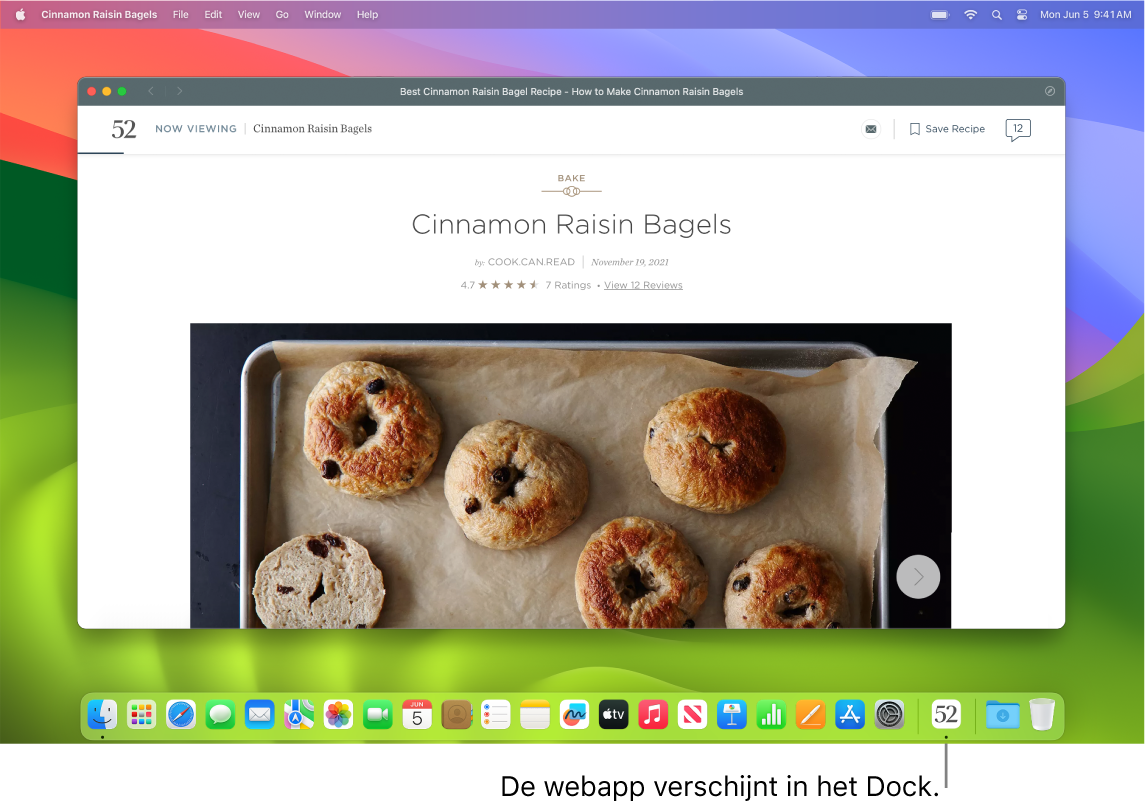 Een geopende webapp met het symbool ervan in het Dock.