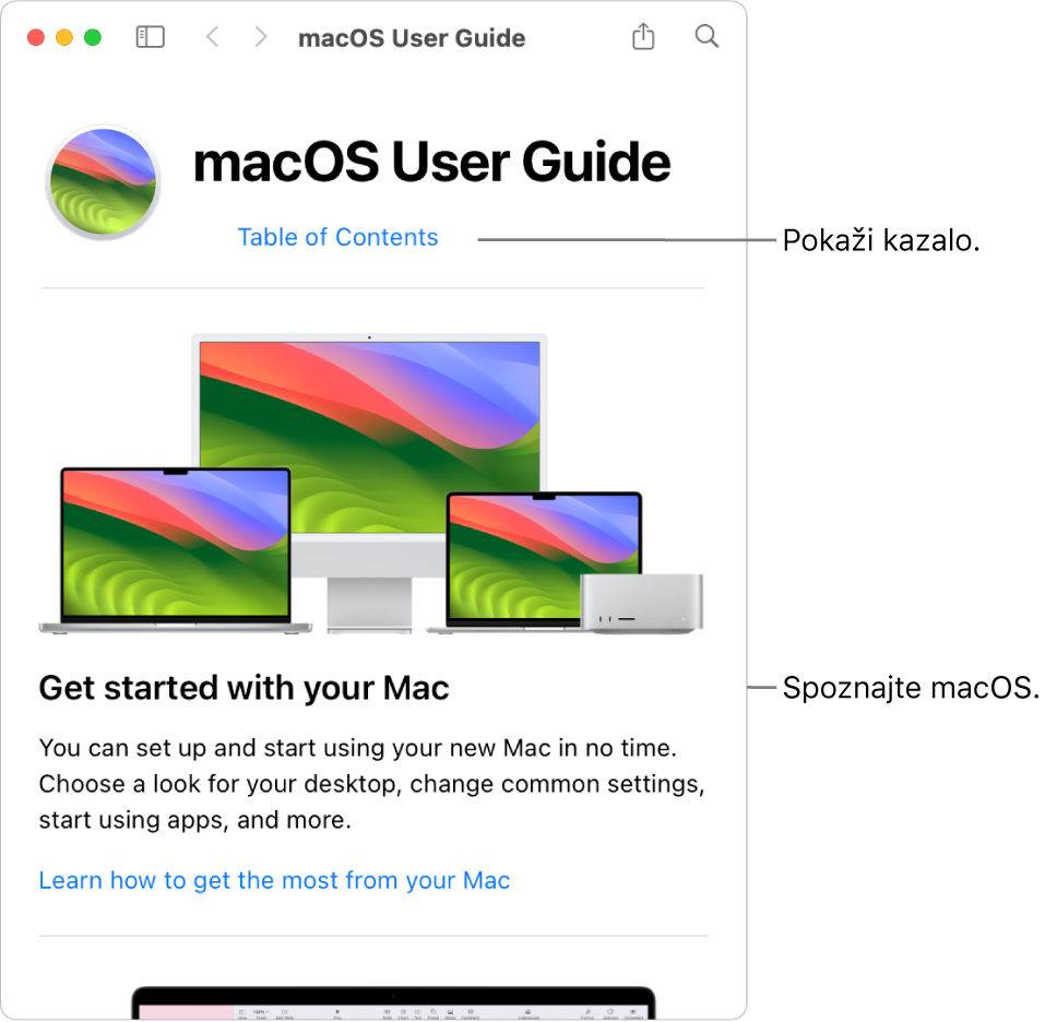 Stran z dobrodošlico uporabniškega priročnika macOS s prikazom povezave do kazala z vsebino.