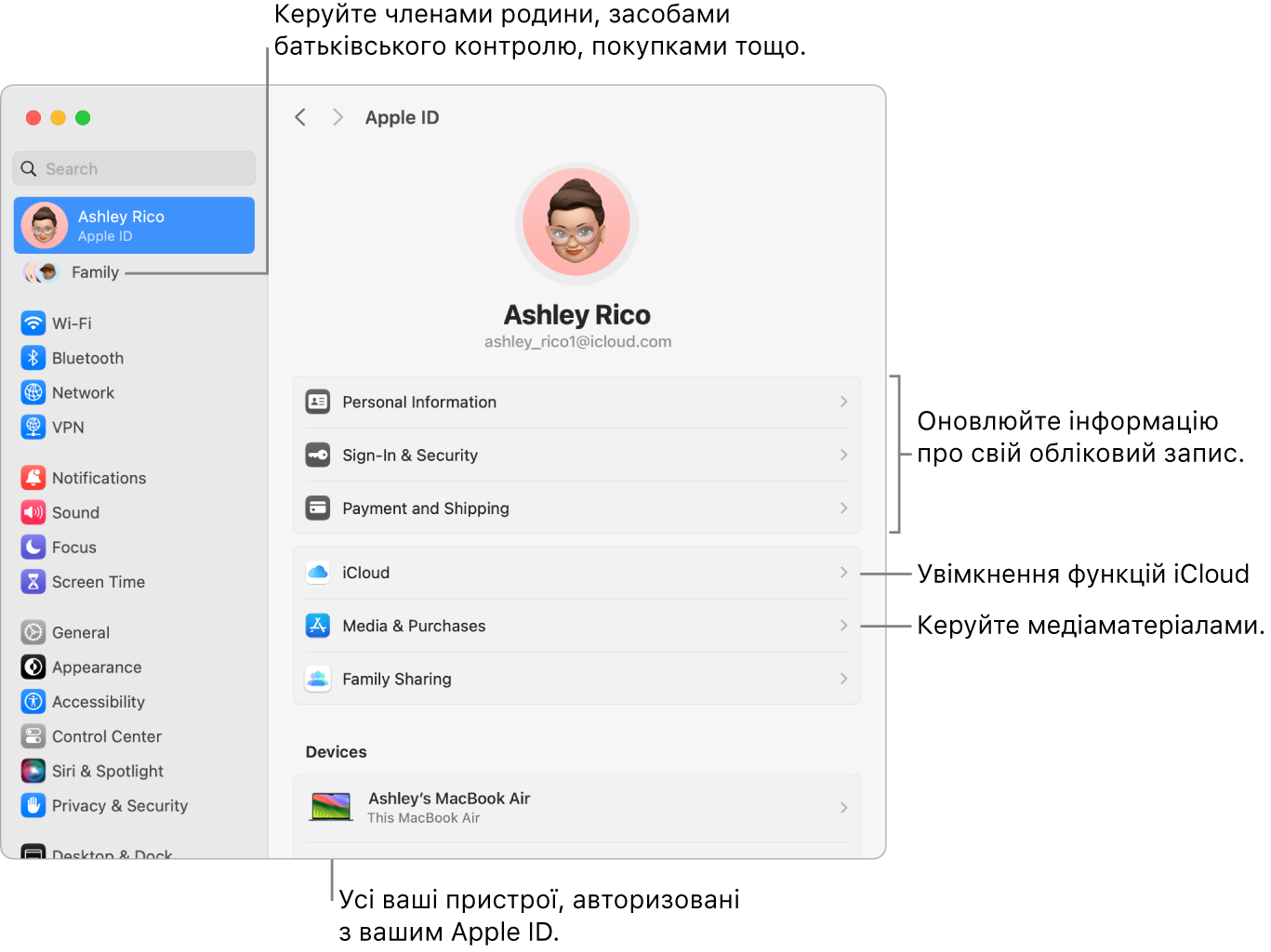 Параметри Apple ID в системних параметрах з виносками для оновлення інформації про обліковий запис, увімкнення і вимкнення функцій iCloud, керування обліковими записами в соцмережах, а також розділ «Родина», в якому можна керувати учасниками родини, батьківським контролем, покупками тощо.