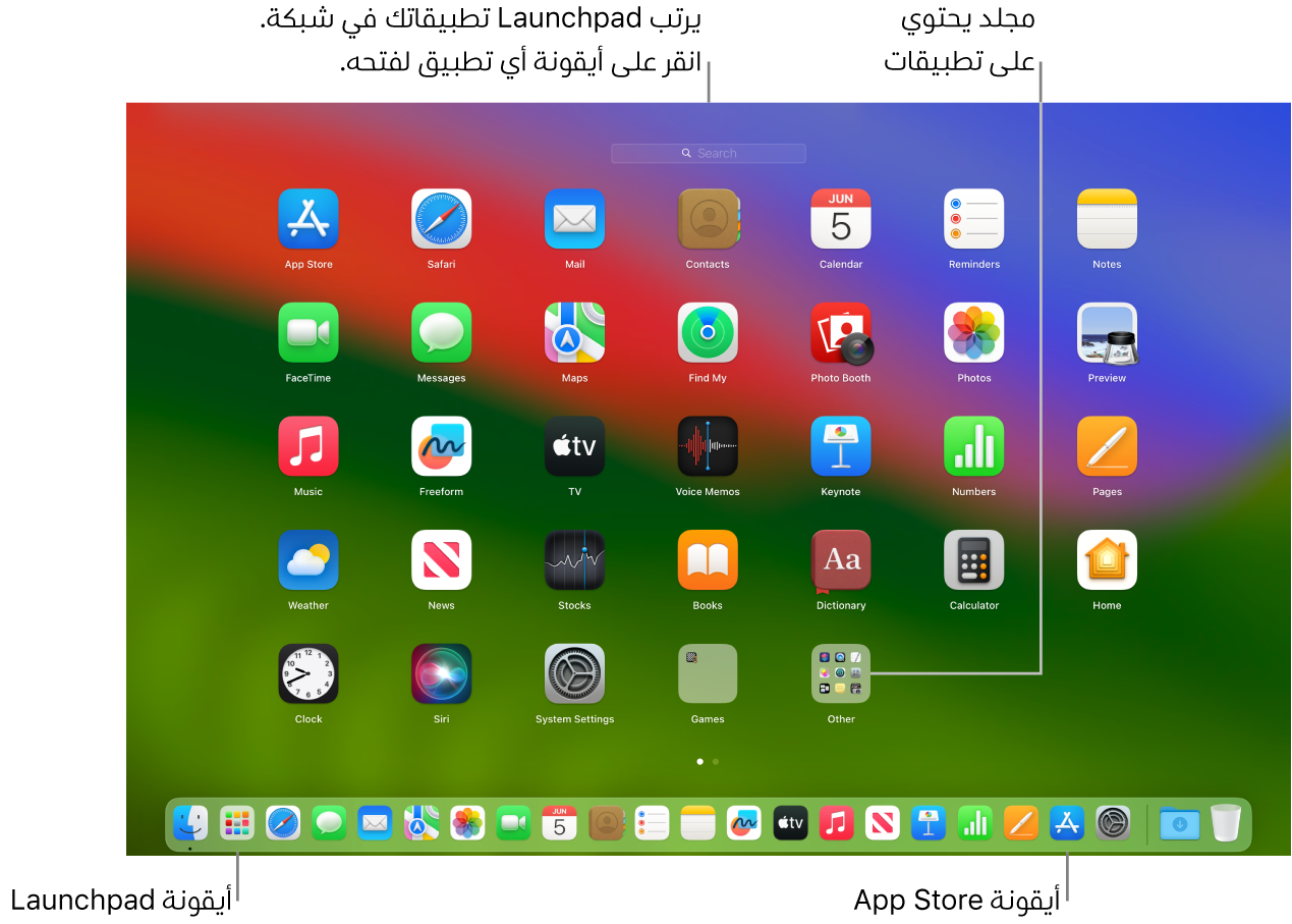 شاشة Mac مفتوح عليها Launchpad، وتعرض مجلد تطبيقات في Launchpad وأيقونة Launchpad وأيقونات App Store في Dock.