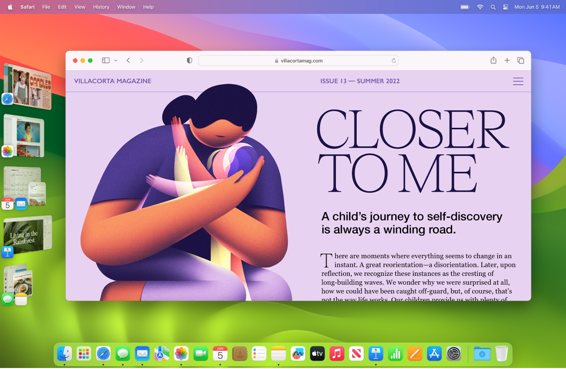Екран, който показва Safari в центъра и други отворени приложения отдясно, използвайки Stage Manager (Управление на сцени).