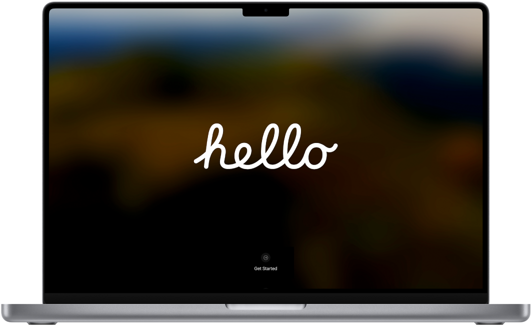 Ein geöffnetes MacBook Pro mit dem Schriftzug „Hallo“ auf dem Bildschirm.