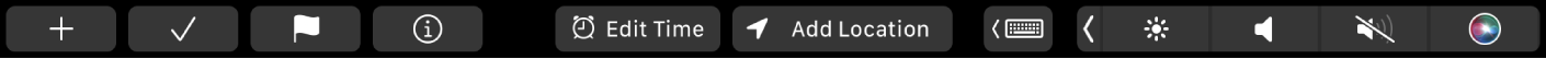 Reminders Touch Bar with buttons for new reminder, check, flag, info, Edit Time, and Add Location.