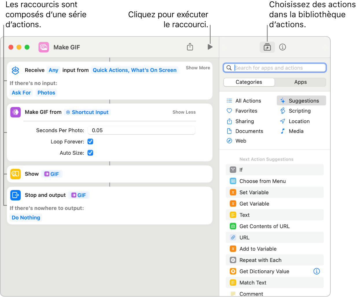 L’éditeur de raccourcis « Créer GIF » sur la gauche et la bibliothèque d’actions sur la droite.