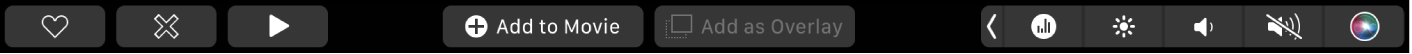 Touch Bar d’iMovie affichant des boutons pour lire, ajouter à un film et ajouter en tant qu’incrustation vidéo.