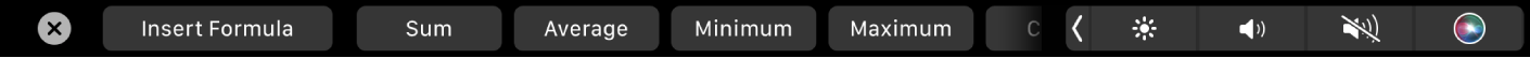 Touch Bar de Numbers affichant les boutons de formule. Cela comprend les options suivantes : Somme, Moyenne, Minimum et Maximum.