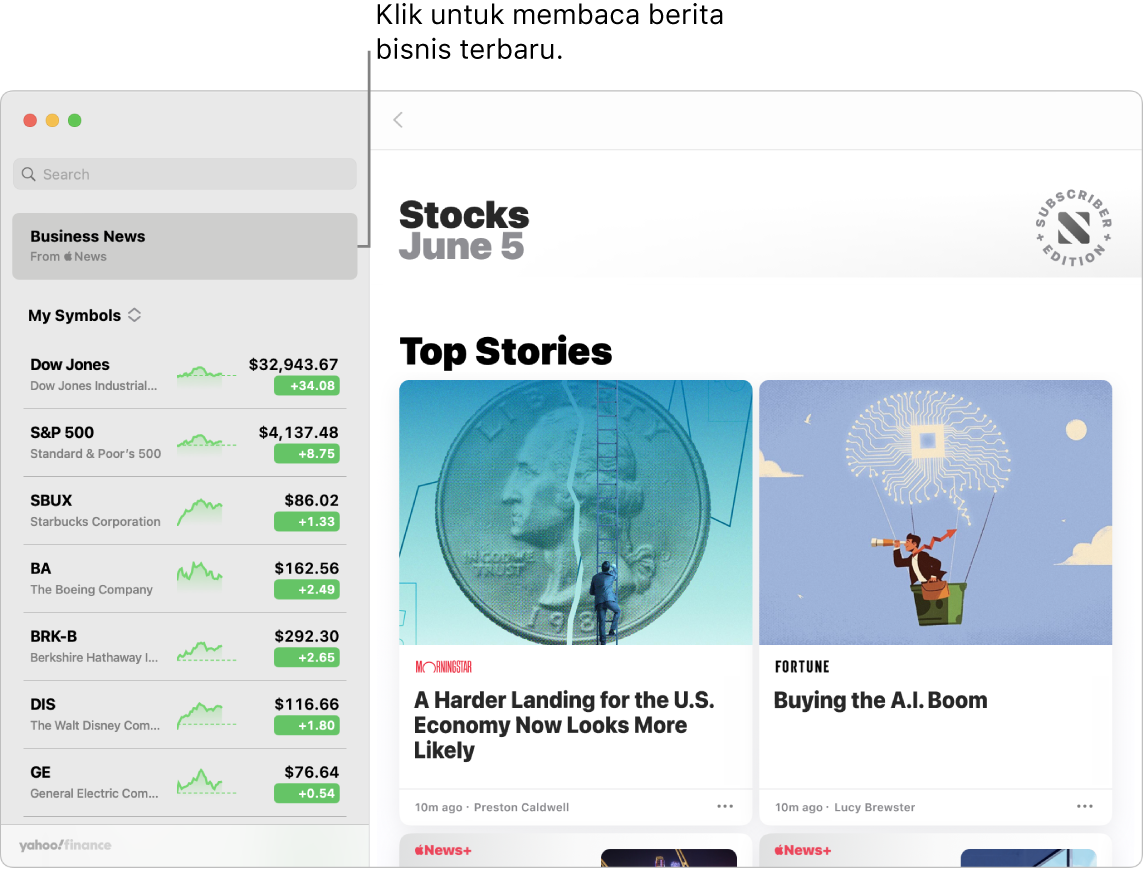 Dashboard Saham menampilkan harga pasar di daftar pengawasan dengan Top Stories pendamping.