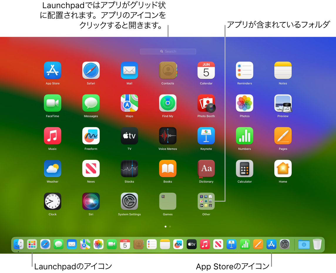 Macの画面。Launchpadが開いていて、Launchpad内のアプリのフォルダ、およびDock内のLaunchpadアイコンとApp Storeアイコンが示されています。