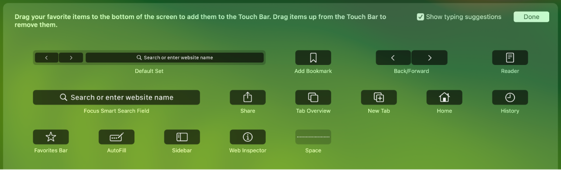 Touch Bar терезесіне сүйреуге болатын Customize Safari параметрлері.